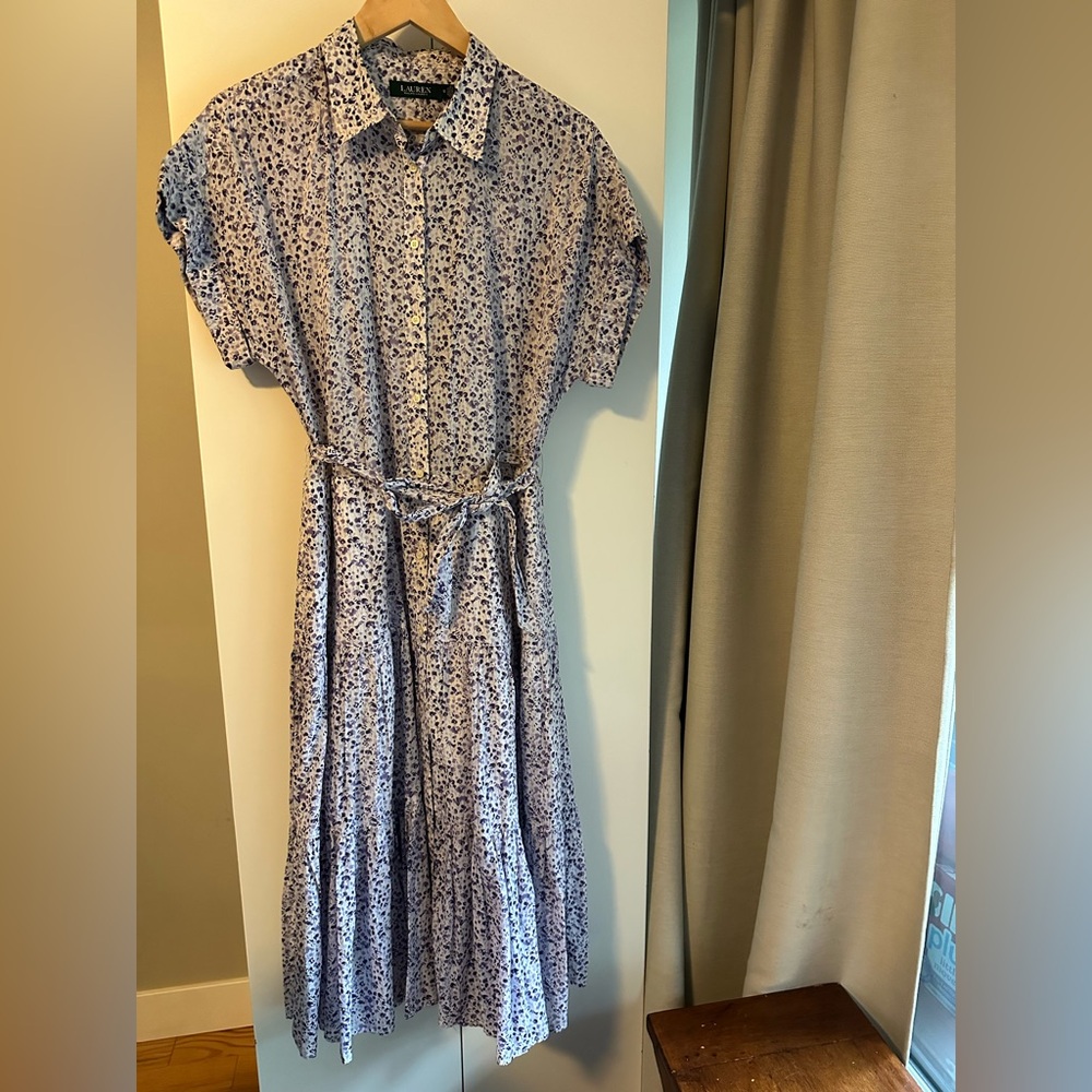 Size 12 Ralph Lauren White and Purple Floral Button-Up dress